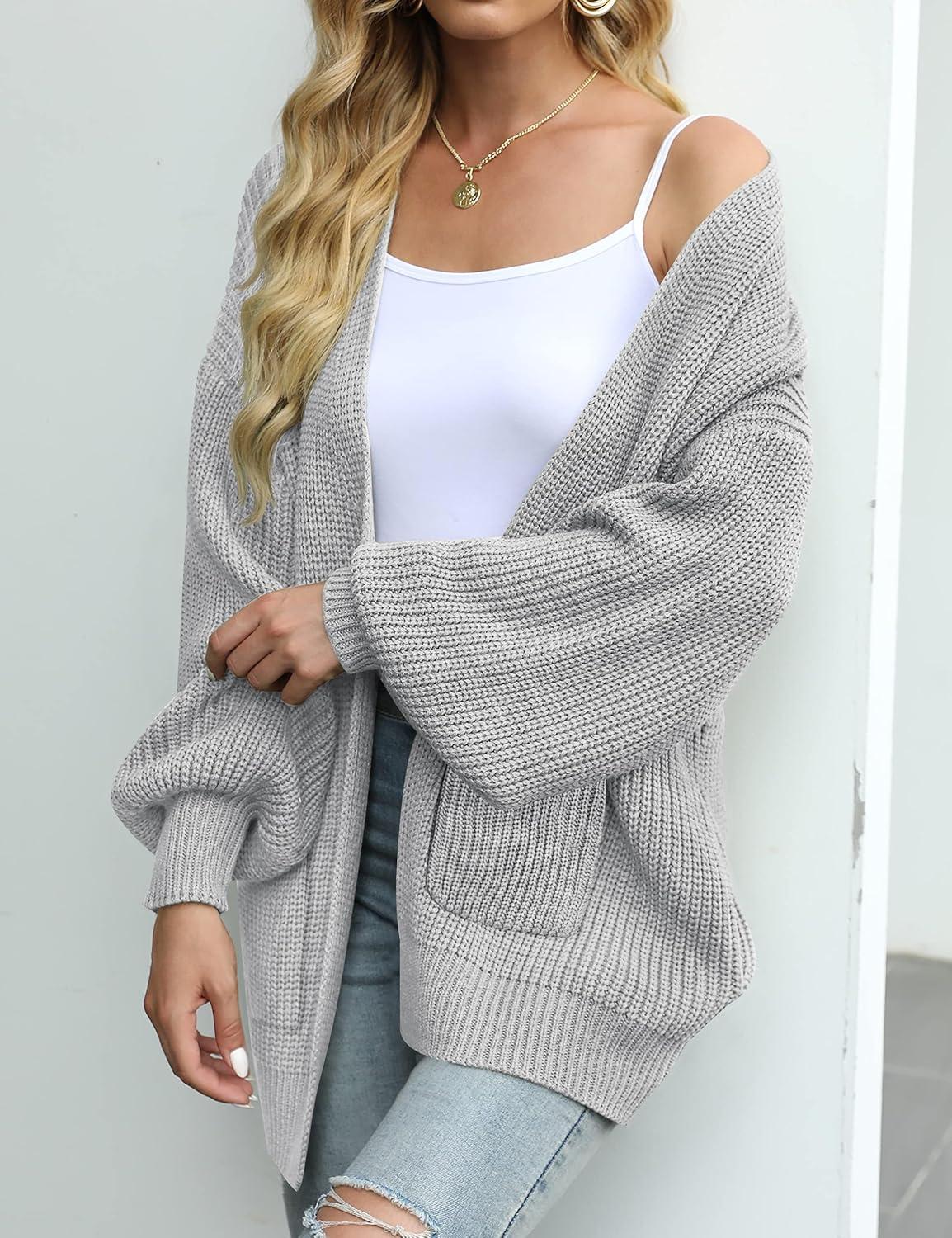 imageMEROKEETY Womens Chunky Cardigan Sweaters 2025 Lantern Long Sleeve Oversized Knit Outerwear with PocketsLight Grey