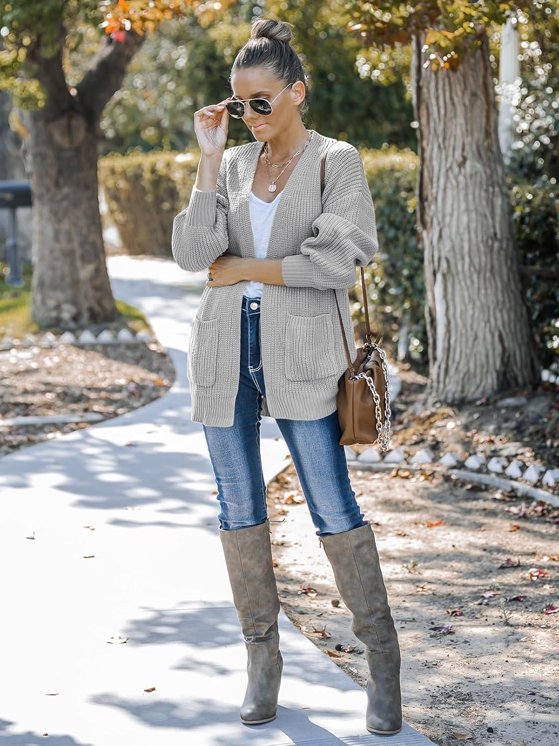 imageMEROKEETY Womens Chunky Cardigan Sweaters 2025 Lantern Long Sleeve Oversized Knit Outerwear with PocketsLight Grey