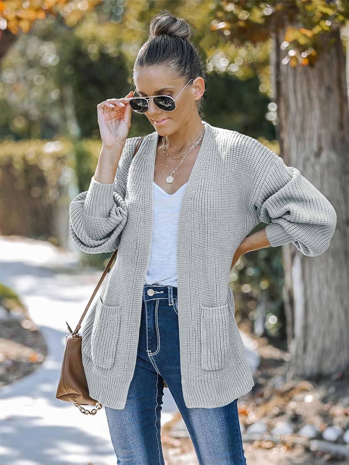 imageMEROKEETY Womens Chunky Cardigan Sweaters 2025 Lantern Long Sleeve Oversized Knit Outerwear with PocketsLight Grey