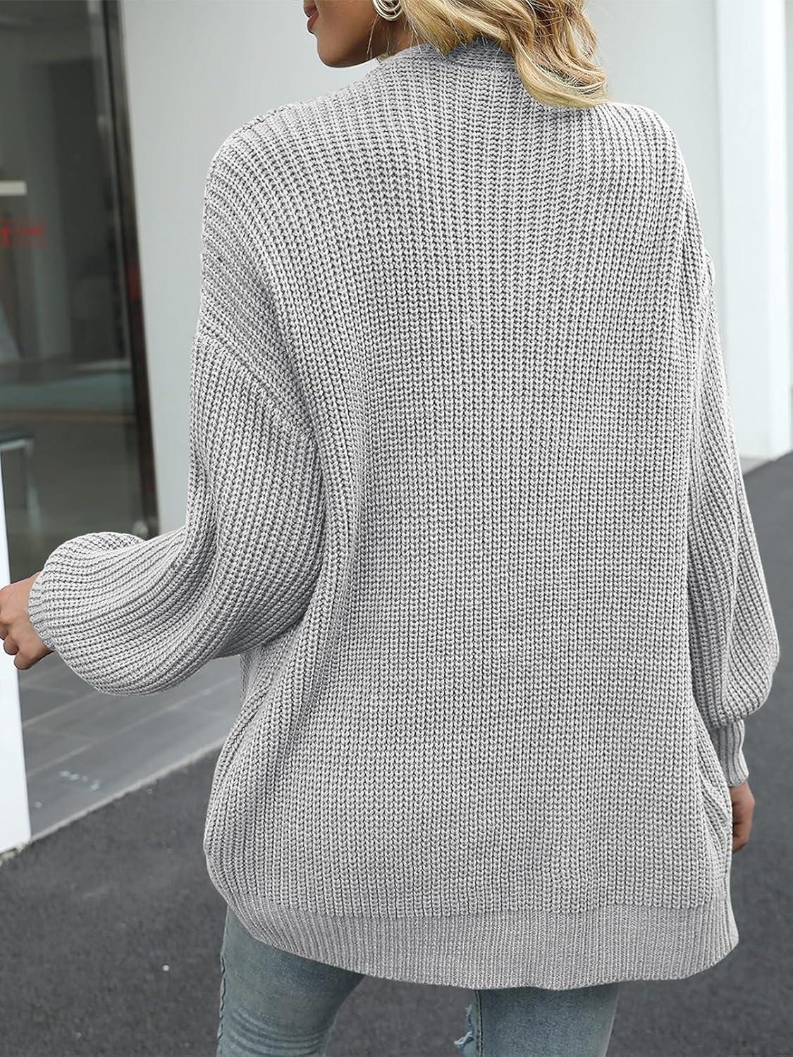 imageMEROKEETY Womens Chunky Cardigan Sweaters 2025 Lantern Long Sleeve Oversized Knit Outerwear with PocketsLight Grey