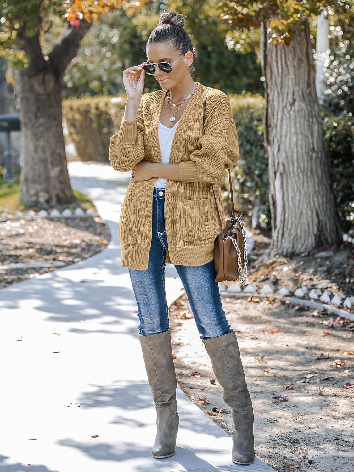 imageMEROKEETY Womens Chunky Cardigan Sweaters 2025 Lantern Long Sleeve Oversized Knit Outerwear with PocketsLight Khaki