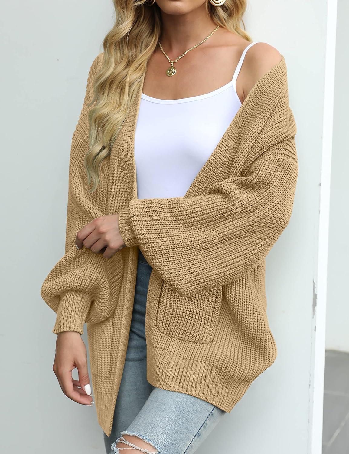 imageMEROKEETY Womens Chunky Cardigan Sweaters 2025 Lantern Long Sleeve Oversized Knit Outerwear with PocketsLight Khaki