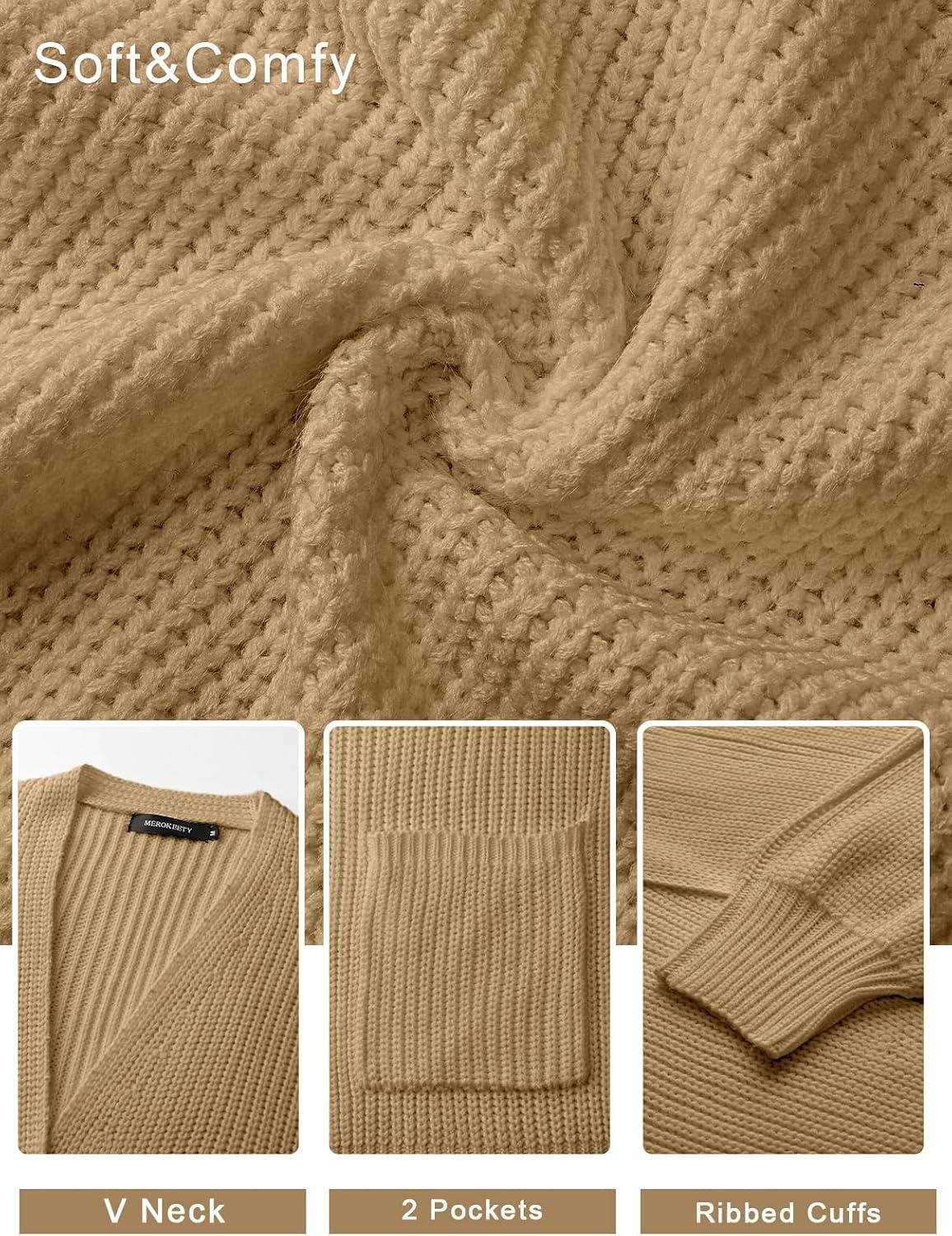 imageMEROKEETY Womens Chunky Cardigan Sweaters 2025 Lantern Long Sleeve Oversized Knit Outerwear with PocketsLight Khaki