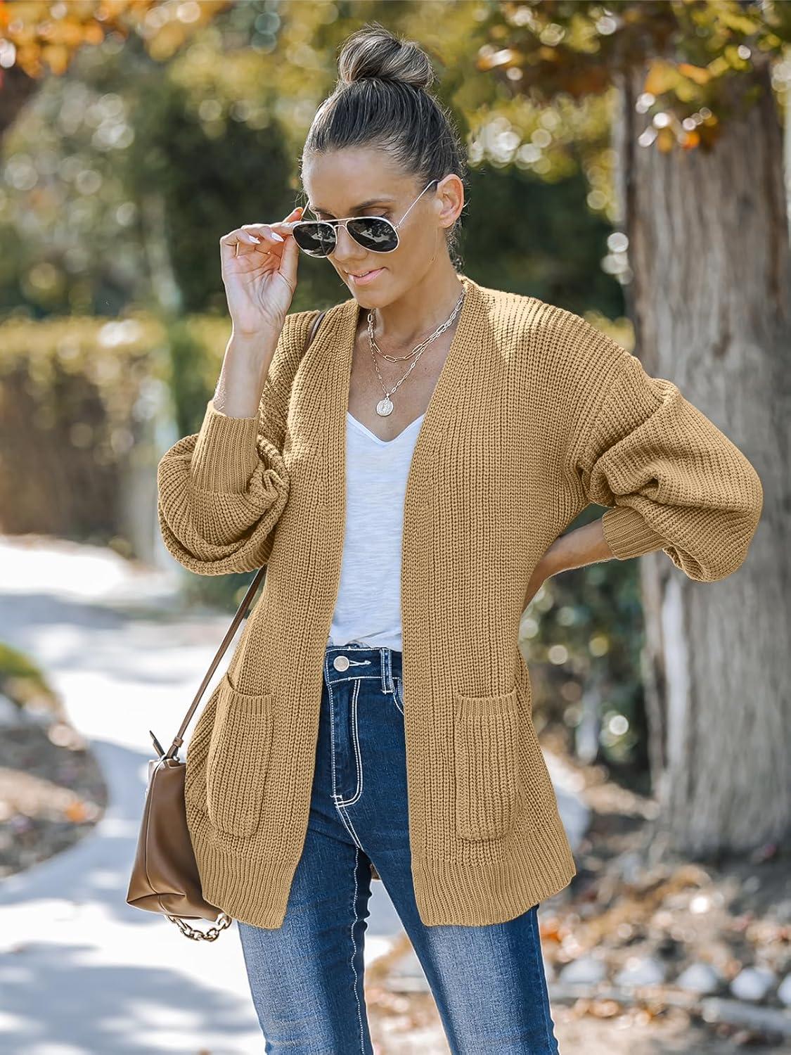imageMEROKEETY Womens Chunky Cardigan Sweaters 2025 Lantern Long Sleeve Oversized Knit Outerwear with PocketsLight Khaki