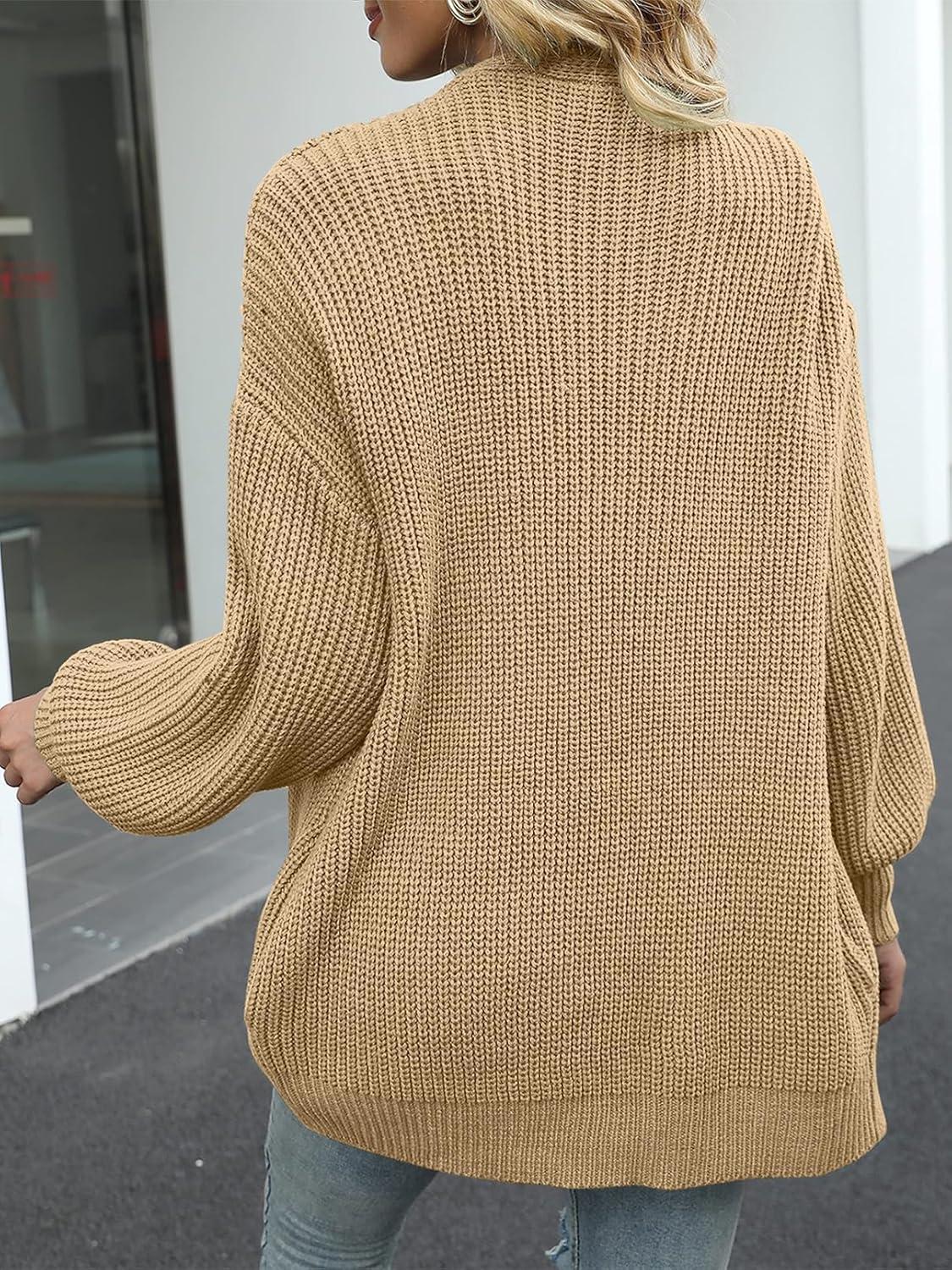 imageMEROKEETY Womens Chunky Cardigan Sweaters 2025 Lantern Long Sleeve Oversized Knit Outerwear with PocketsLight Khaki