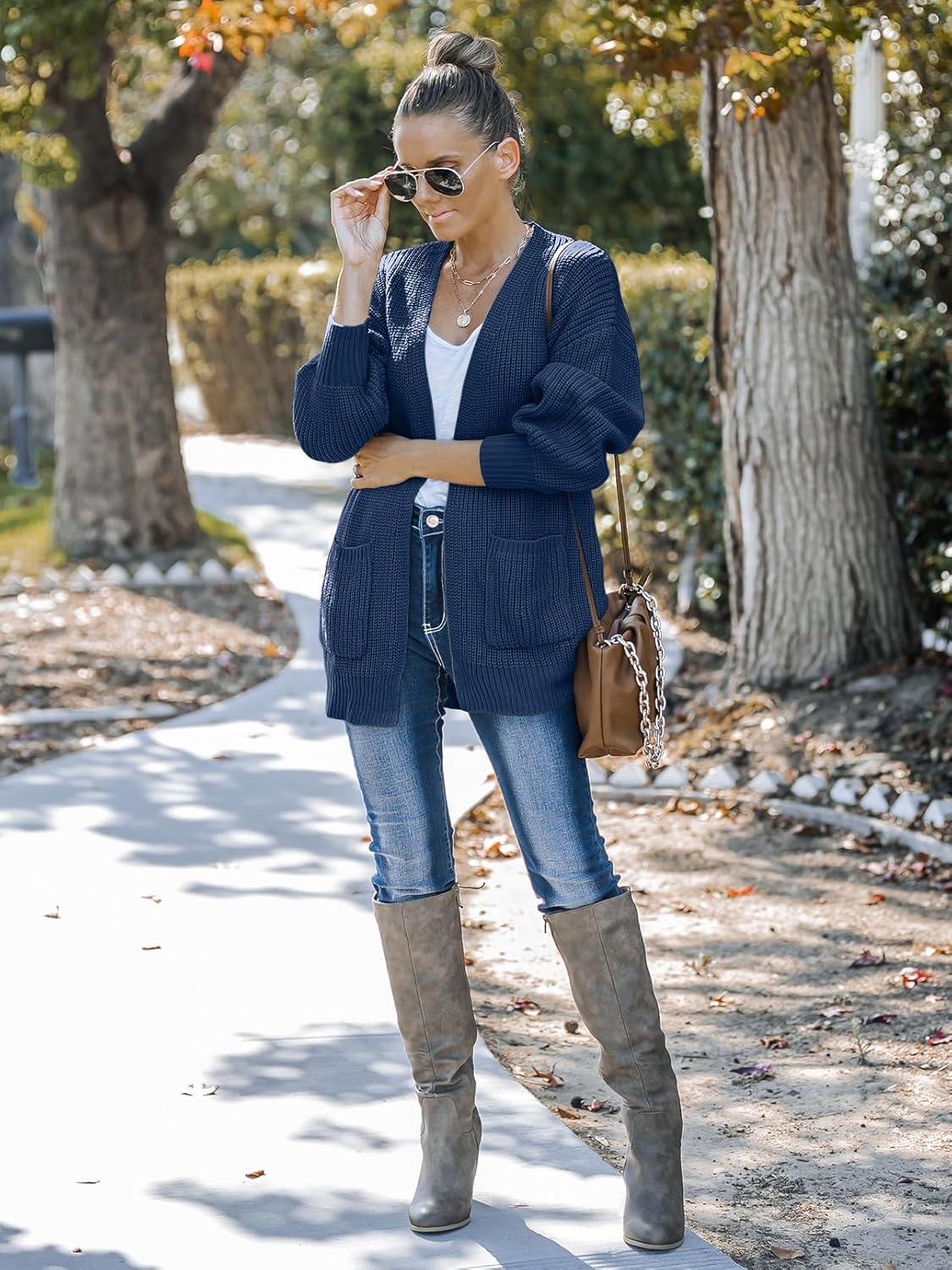 imageMEROKEETY Womens Chunky Cardigan Sweaters 2025 Lantern Long Sleeve Oversized Knit Outerwear with PocketsNavy