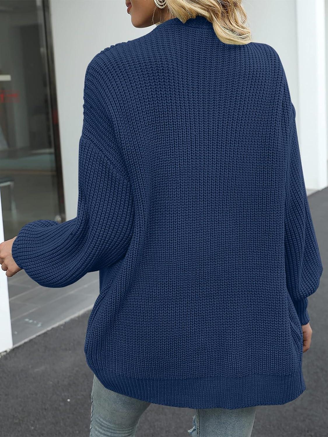 imageMEROKEETY Womens Chunky Cardigan Sweaters 2025 Lantern Long Sleeve Oversized Knit Outerwear with PocketsNavy