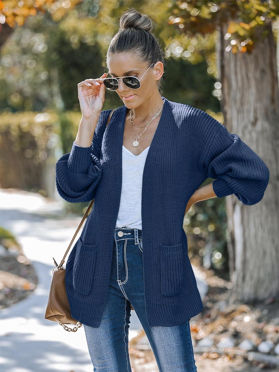 imageMEROKEETY Womens Chunky Cardigan Sweaters 2025 Lantern Long Sleeve Oversized Knit Outerwear with PocketsNavy