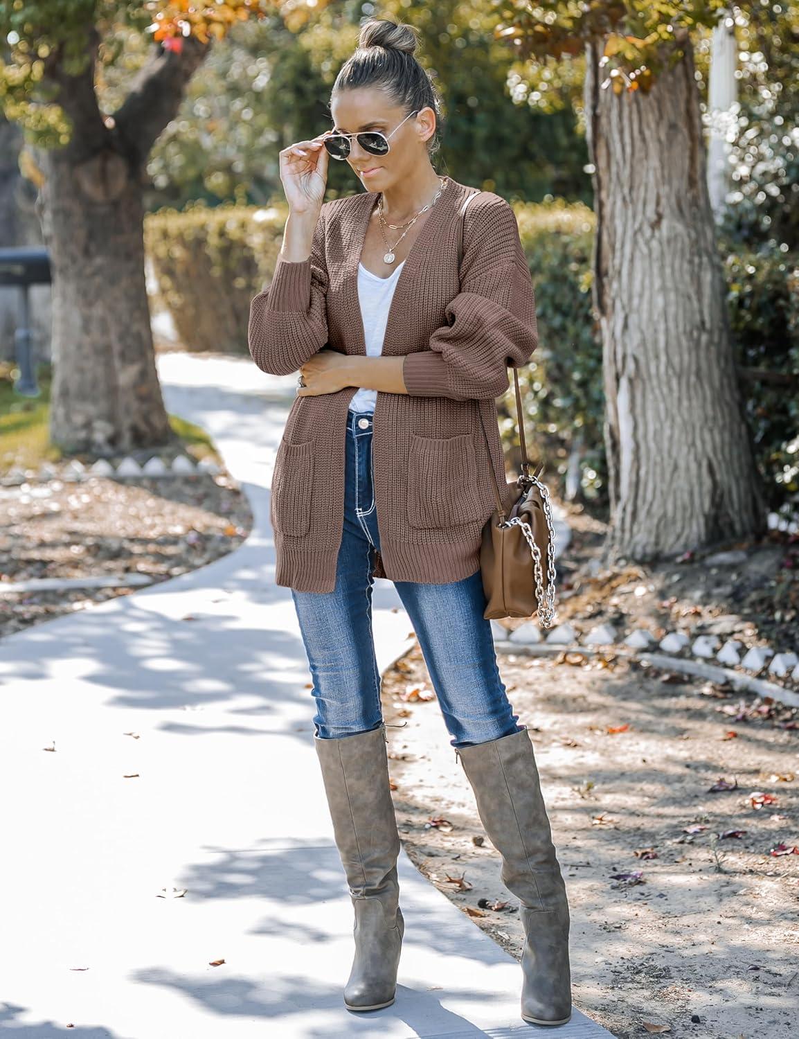 imageMEROKEETY Womens Chunky Cardigan Sweaters 2025 Lantern Long Sleeve Oversized Knit Outerwear with PocketsNutmeg