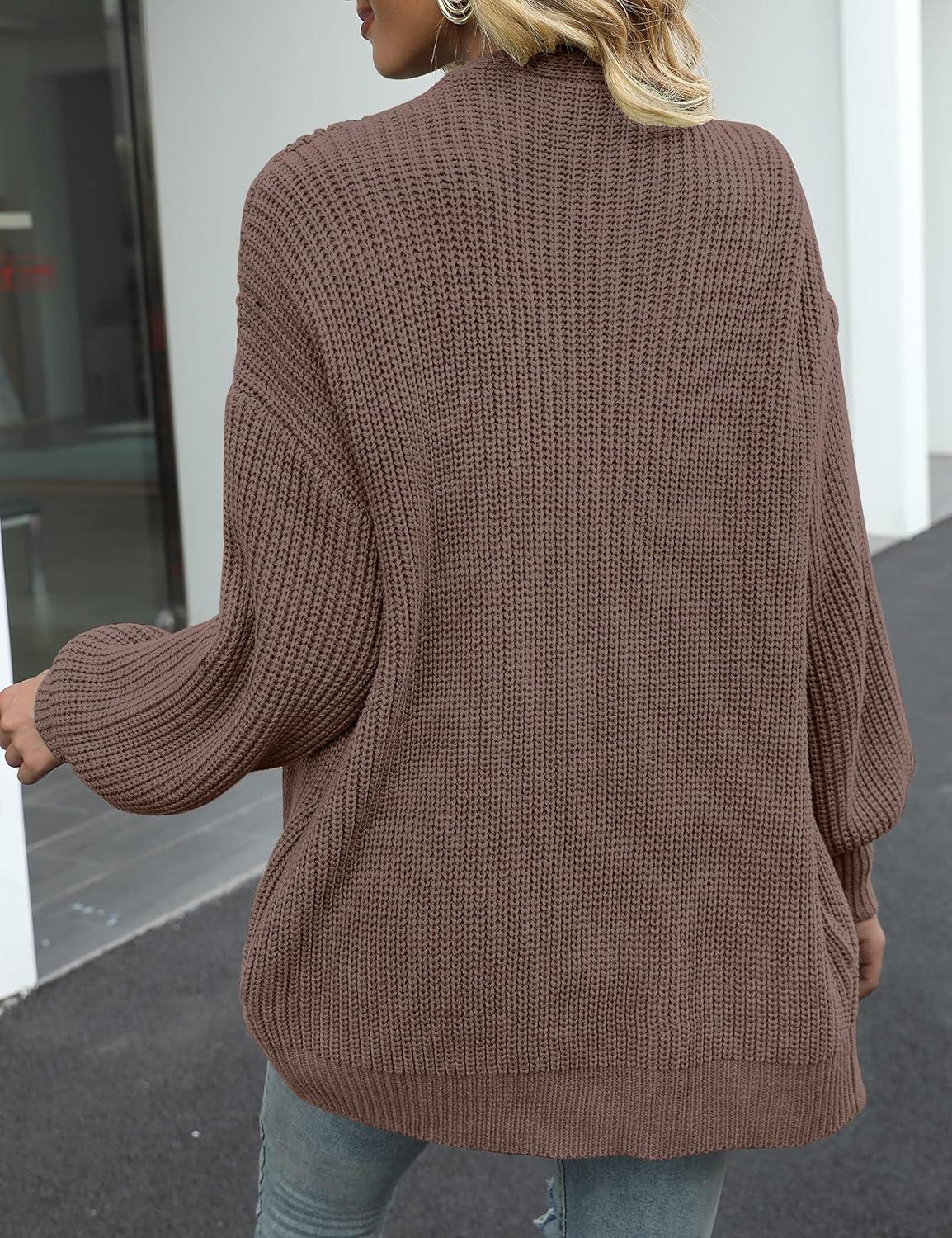 imageMEROKEETY Womens Chunky Cardigan Sweaters 2025 Lantern Long Sleeve Oversized Knit Outerwear with PocketsNutmeg