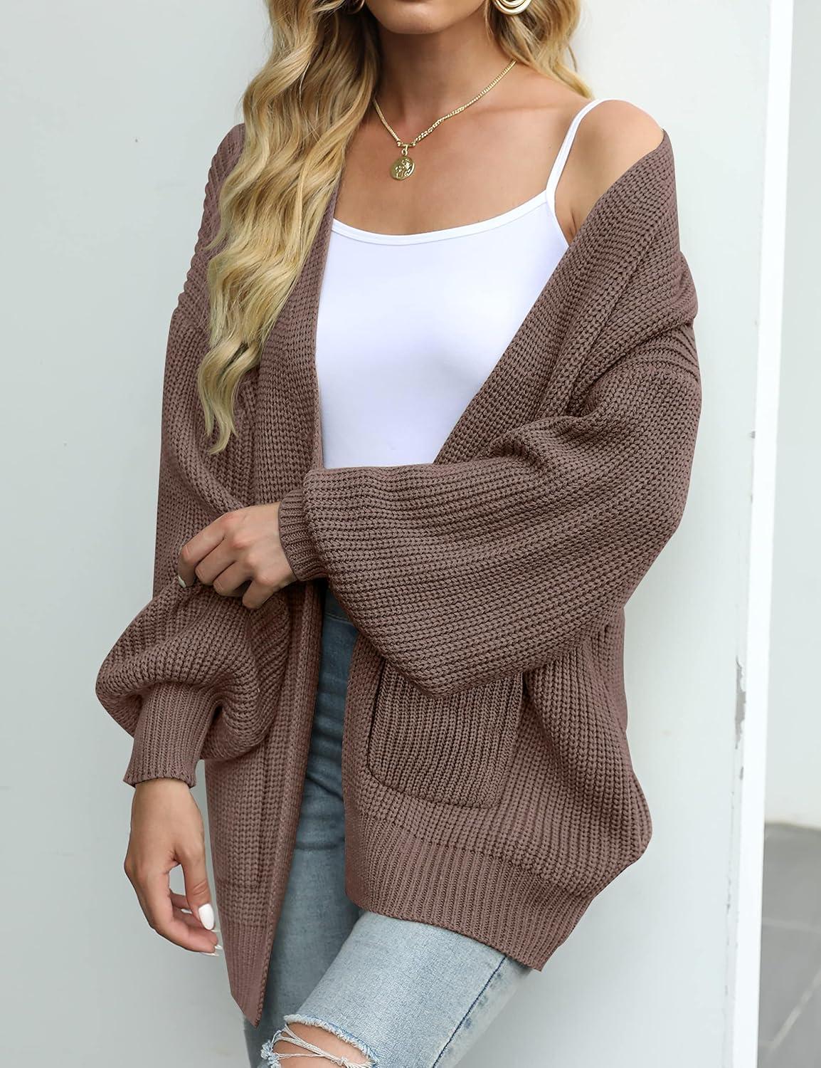 imageMEROKEETY Womens Chunky Cardigan Sweaters 2025 Lantern Long Sleeve Oversized Knit Outerwear with PocketsNutmeg