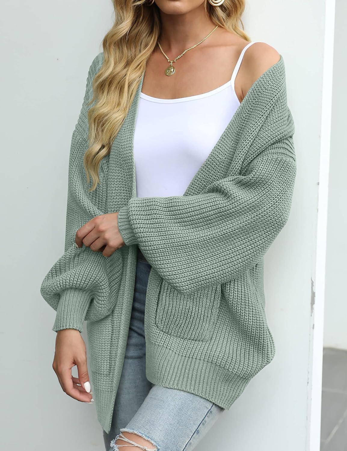 imageMEROKEETY Womens Chunky Cardigan Sweaters 2025 Lantern Long Sleeve Oversized Knit Outerwear with PocketsSage