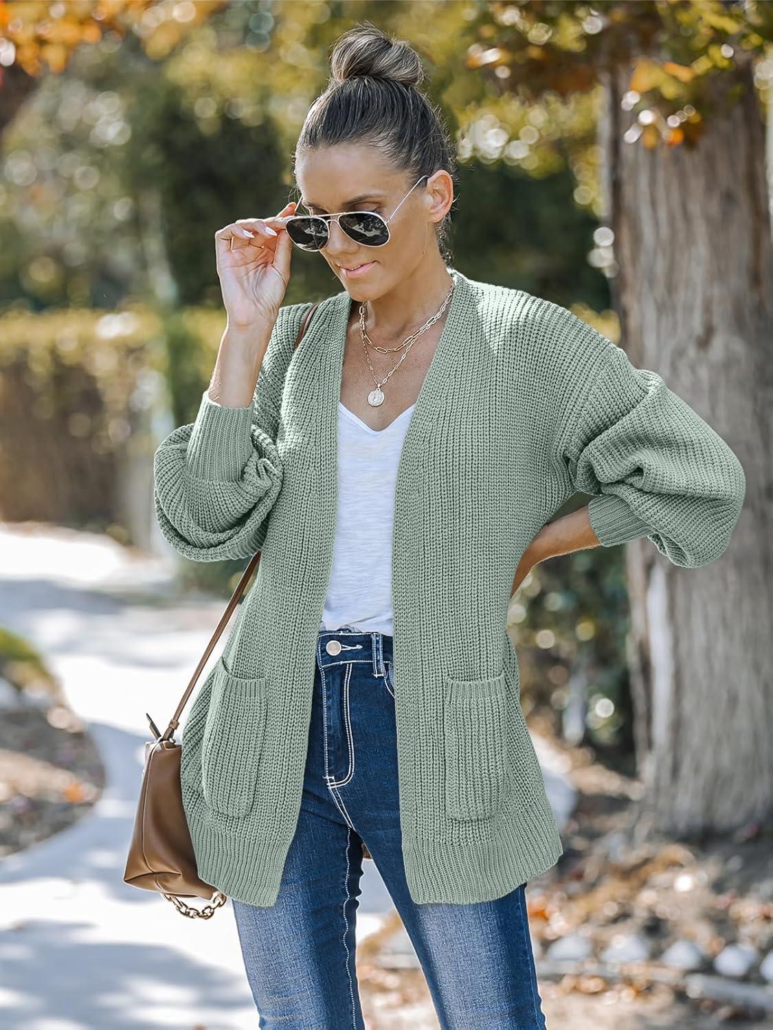 imageMEROKEETY Womens Chunky Cardigan Sweaters 2025 Lantern Long Sleeve Oversized Knit Outerwear with PocketsSage