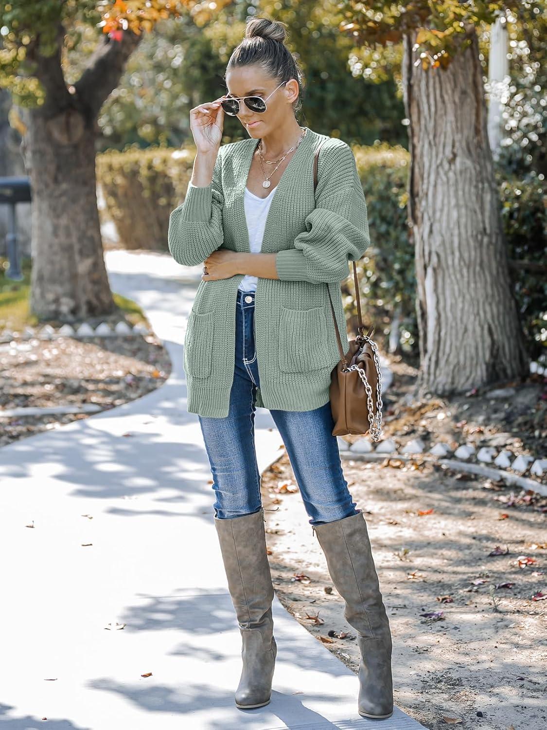 imageMEROKEETY Womens Chunky Cardigan Sweaters 2025 Lantern Long Sleeve Oversized Knit Outerwear with PocketsSage