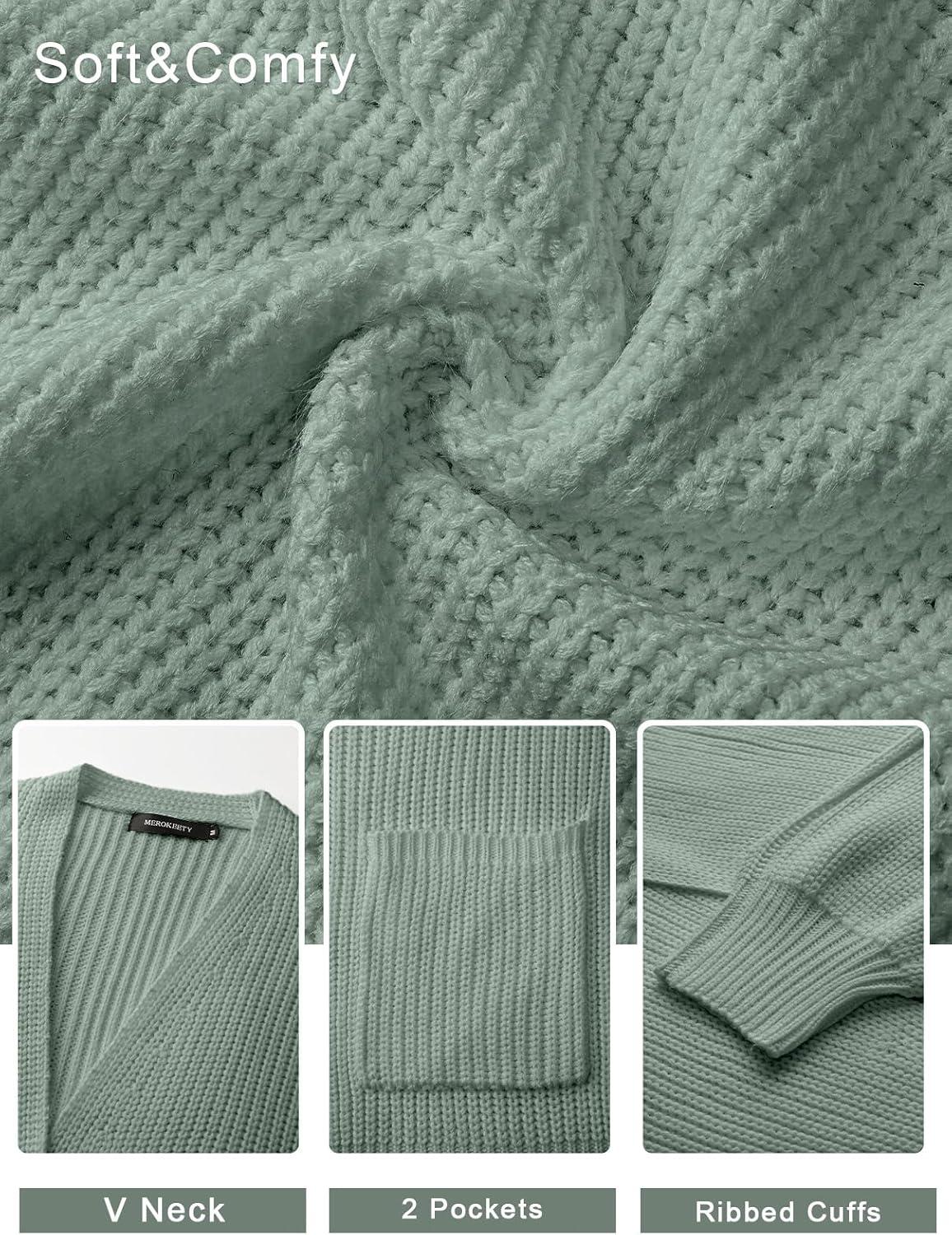 imageMEROKEETY Womens Chunky Cardigan Sweaters 2025 Lantern Long Sleeve Oversized Knit Outerwear with PocketsSage