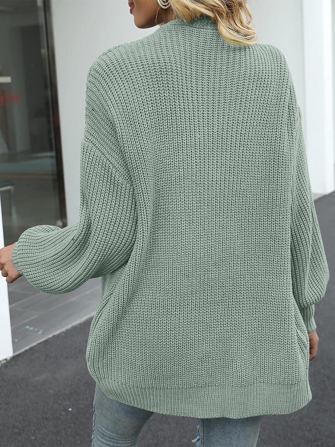 imageMEROKEETY Womens Chunky Cardigan Sweaters 2025 Lantern Long Sleeve Oversized Knit Outerwear with PocketsSage