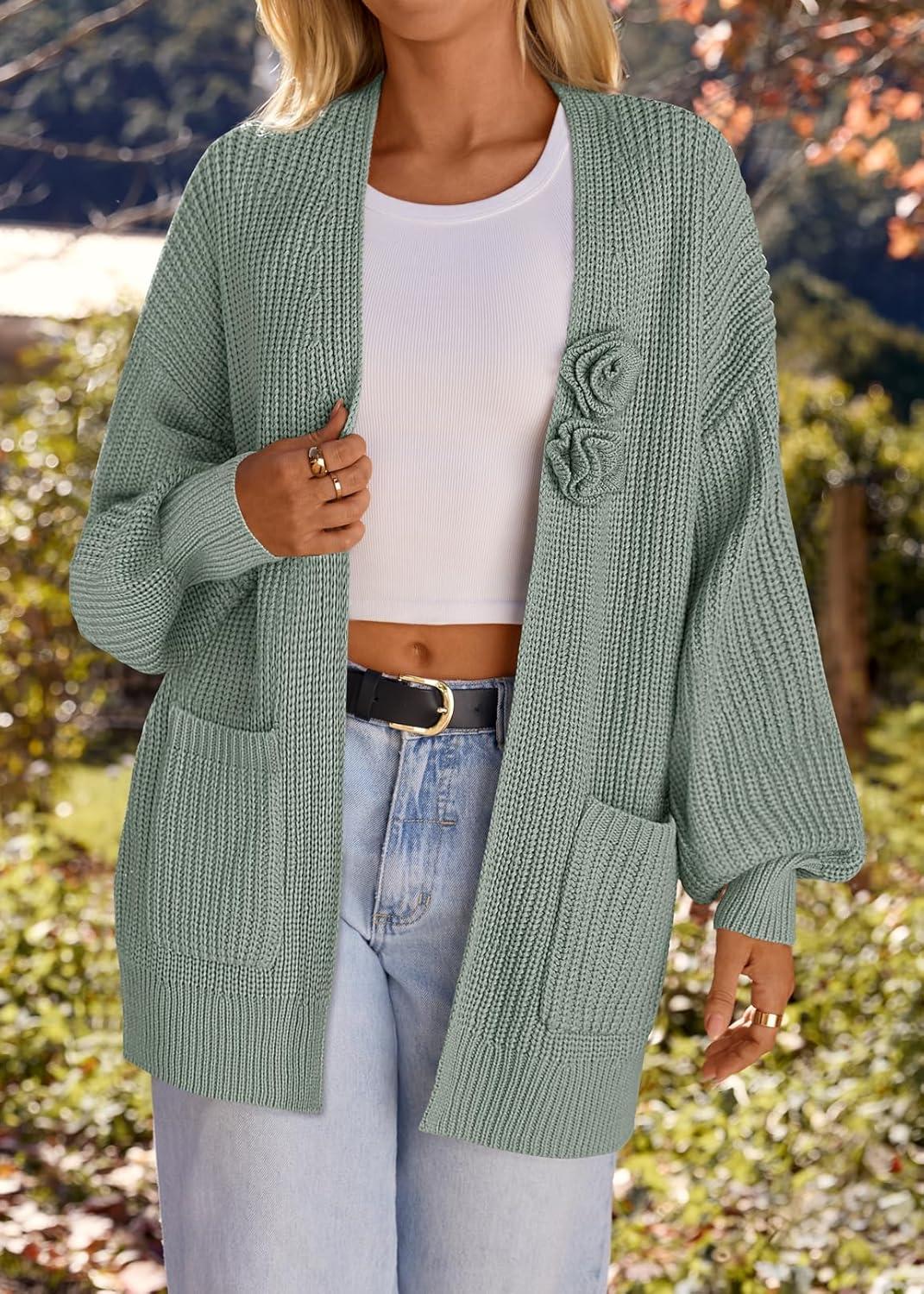 imageMEROKEETY Womens Chunky Cardigan Sweaters 2025 Lantern Long Sleeve Oversized Knit Outerwear with PocketsSageflower