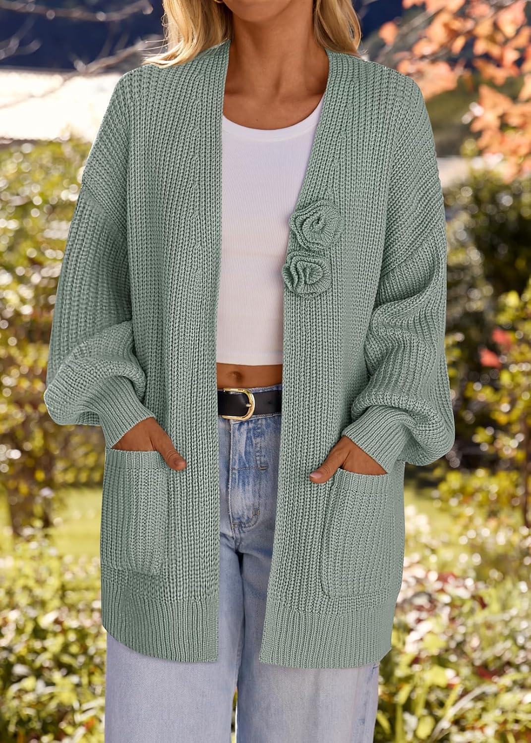 imageMEROKEETY Womens Chunky Cardigan Sweaters 2025 Lantern Long Sleeve Oversized Knit Outerwear with PocketsSageflower