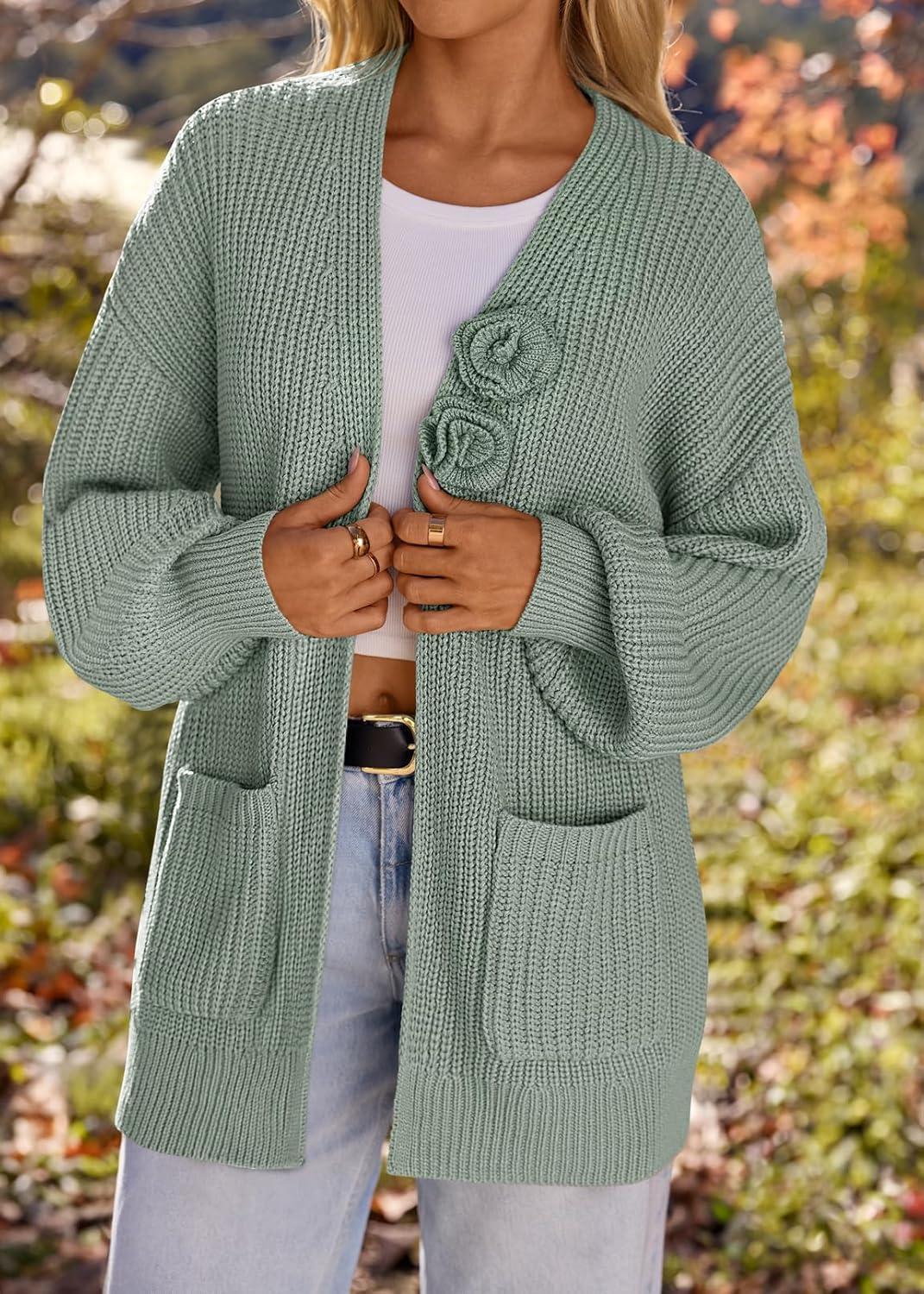 imageMEROKEETY Womens Chunky Cardigan Sweaters 2025 Lantern Long Sleeve Oversized Knit Outerwear with PocketsSageflower
