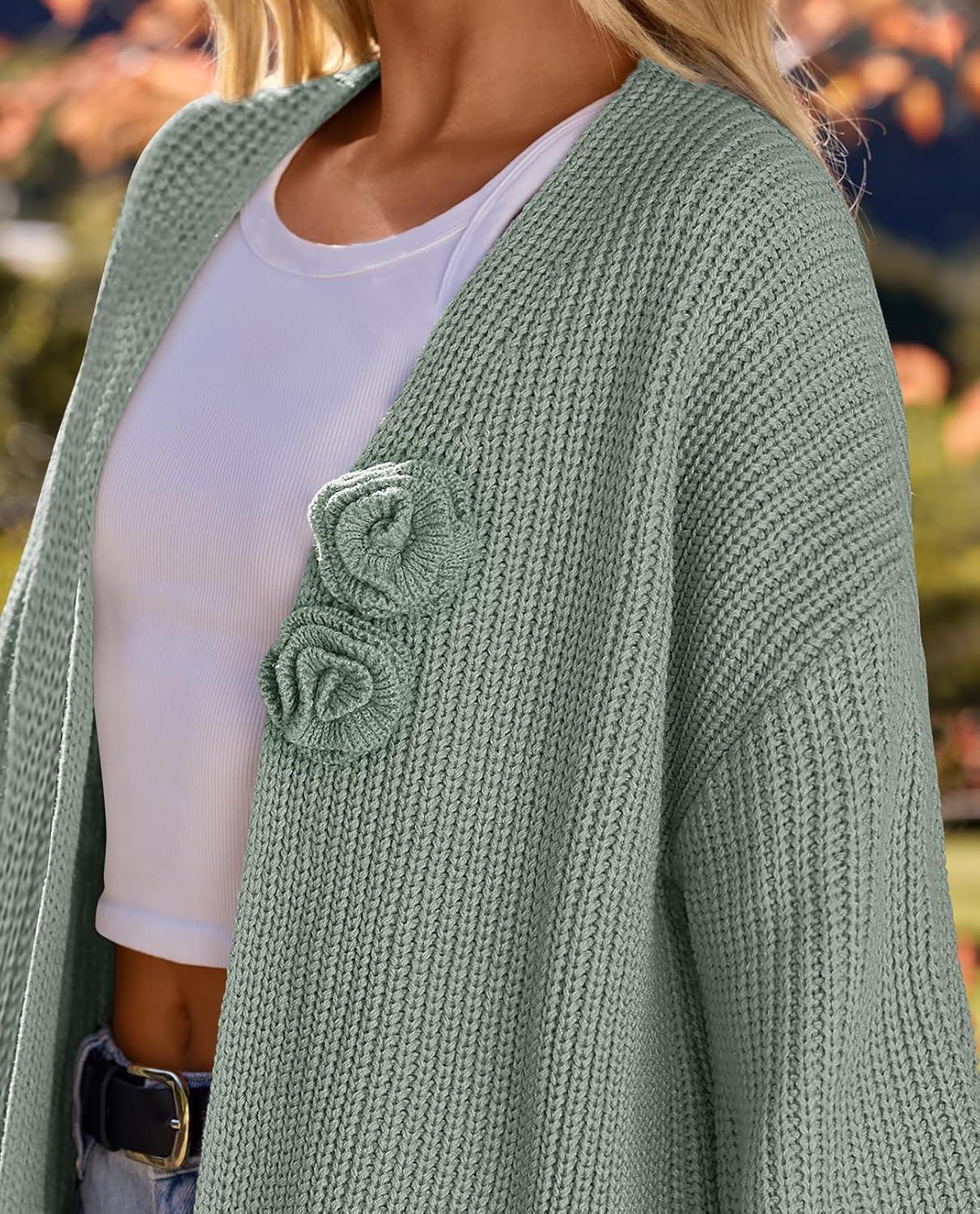 imageMEROKEETY Womens Chunky Cardigan Sweaters 2025 Lantern Long Sleeve Oversized Knit Outerwear with PocketsSageflower