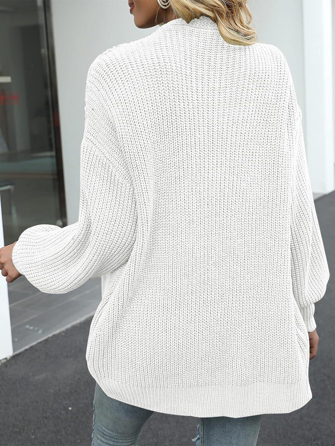 imageMEROKEETY Womens Chunky Cardigan Sweaters 2025 Lantern Long Sleeve Oversized Knit Outerwear with PocketsWhite