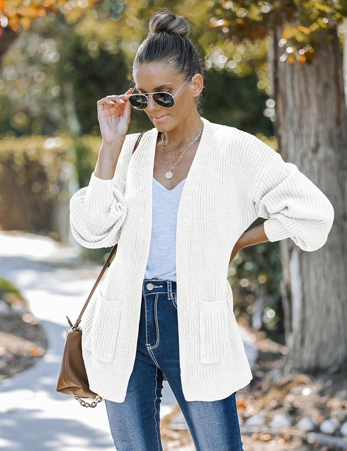 imageMEROKEETY Womens Chunky Cardigan Sweaters 2025 Lantern Long Sleeve Oversized Knit Outerwear with PocketsWhite