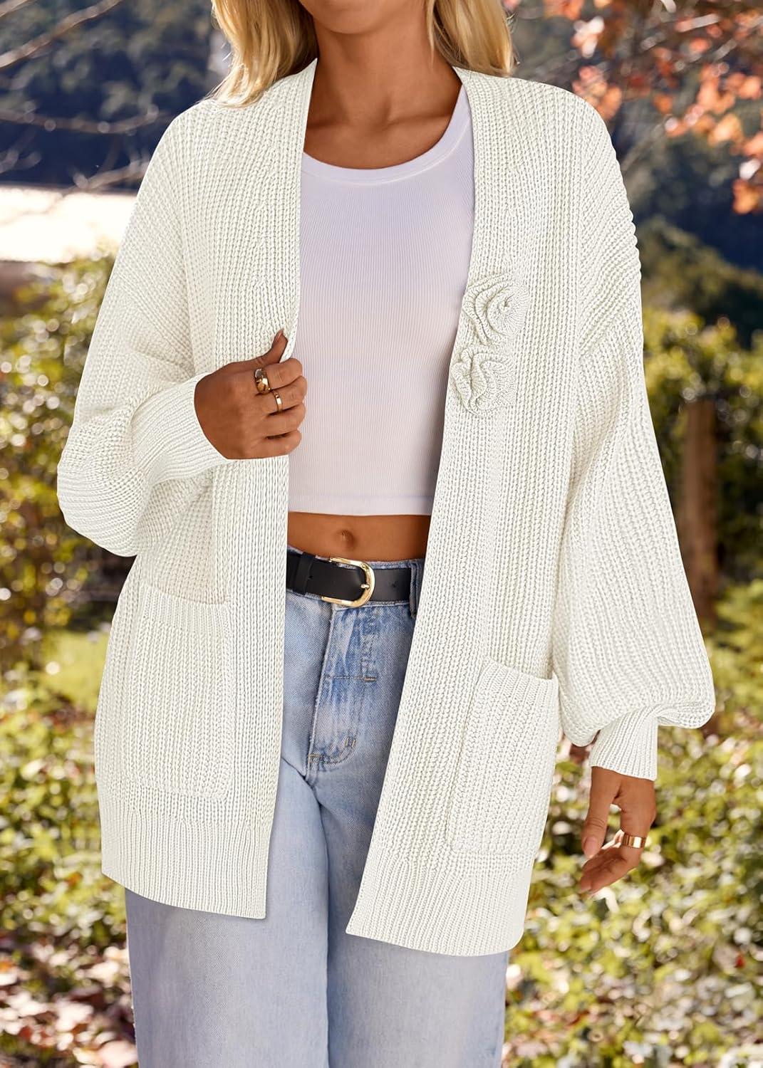 imageMEROKEETY Womens Chunky Cardigan Sweaters 2025 Lantern Long Sleeve Oversized Knit Outerwear with PocketsWhiteflower