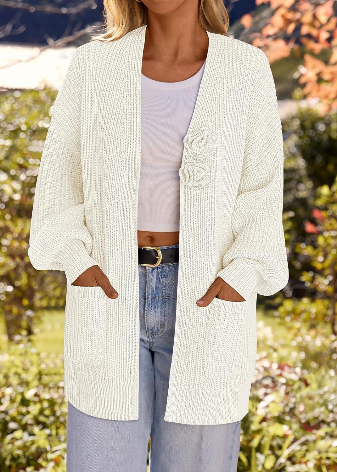 imageMEROKEETY Womens Chunky Cardigan Sweaters 2025 Lantern Long Sleeve Oversized Knit Outerwear with PocketsWhiteflower