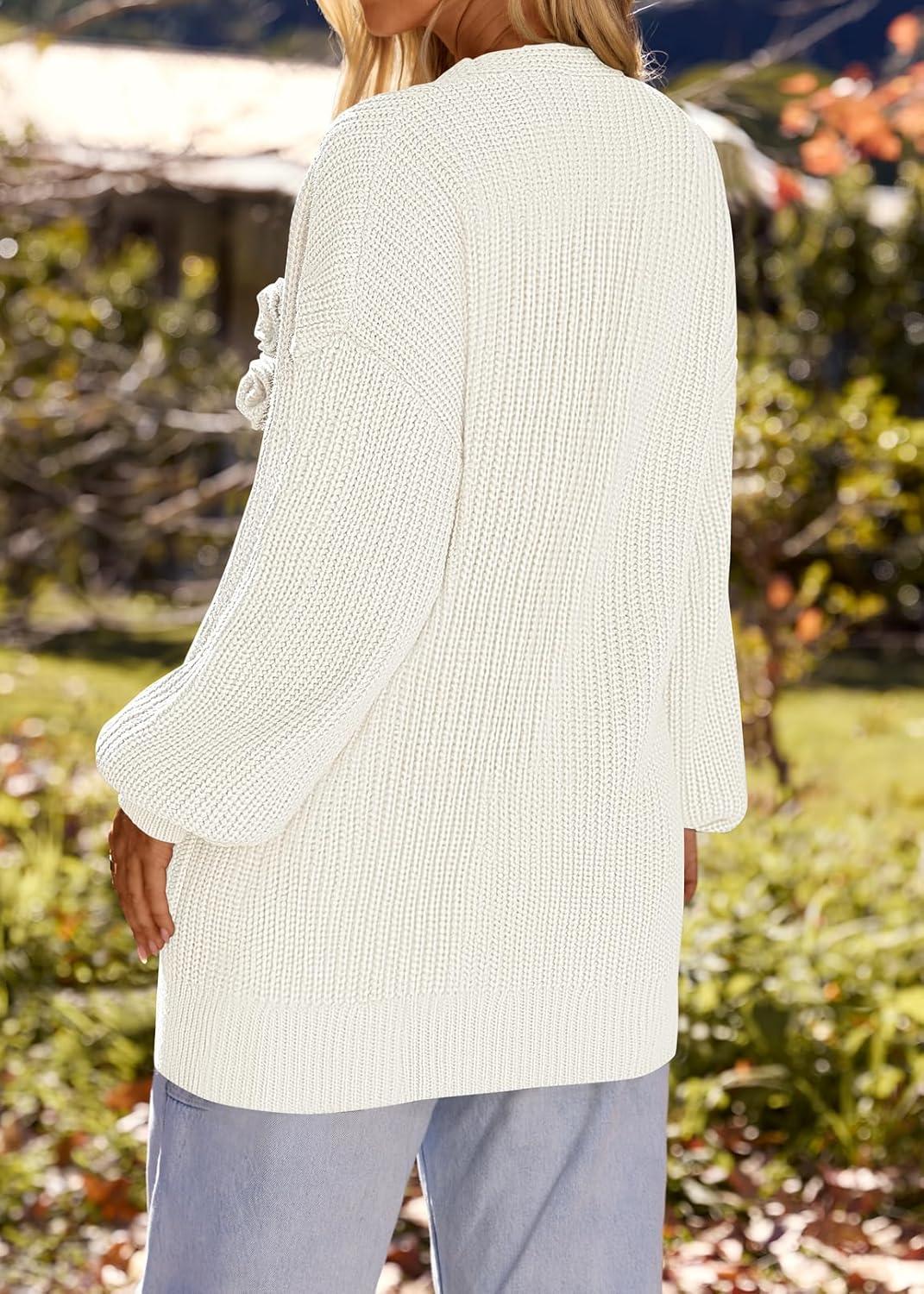 imageMEROKEETY Womens Chunky Cardigan Sweaters 2025 Lantern Long Sleeve Oversized Knit Outerwear with PocketsWhiteflower