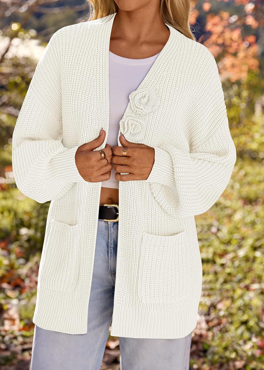 imageMEROKEETY Womens Chunky Cardigan Sweaters 2025 Lantern Long Sleeve Oversized Knit Outerwear with PocketsWhiteflower
