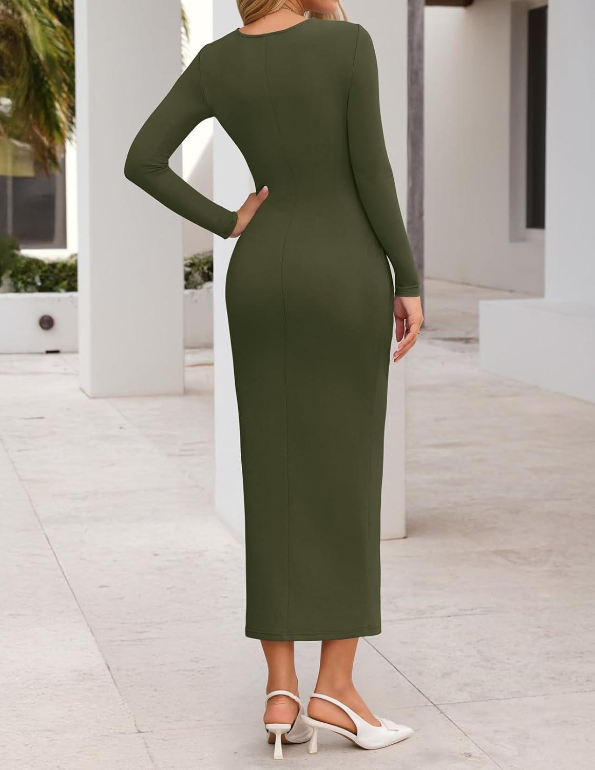 imageMEROKEETY Womens Fall Long Sleeve Bodycon Dresses Elegant Wedding Guest Cocktail Party Midi Maxi DressArmy Green