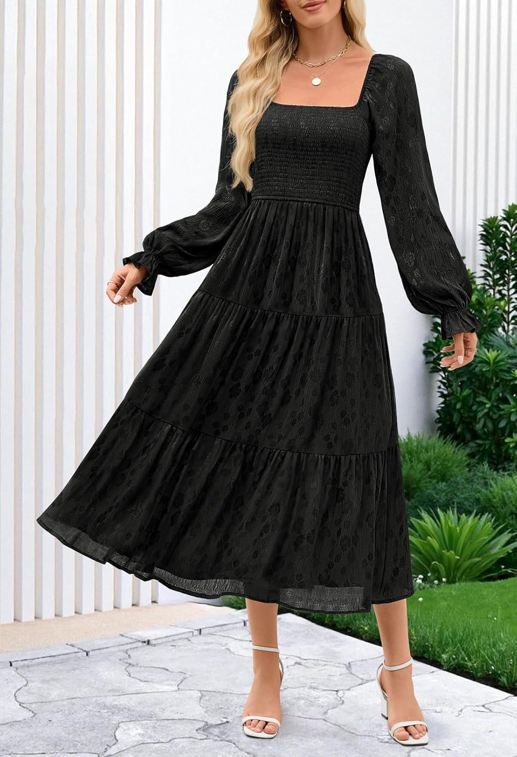 imageMEROKEETY Womens Fall Long Sleeve Floral Midi Dress Smocked Ruffle Tiered Square Neck Wedding Guest Dresses PocketsBlack