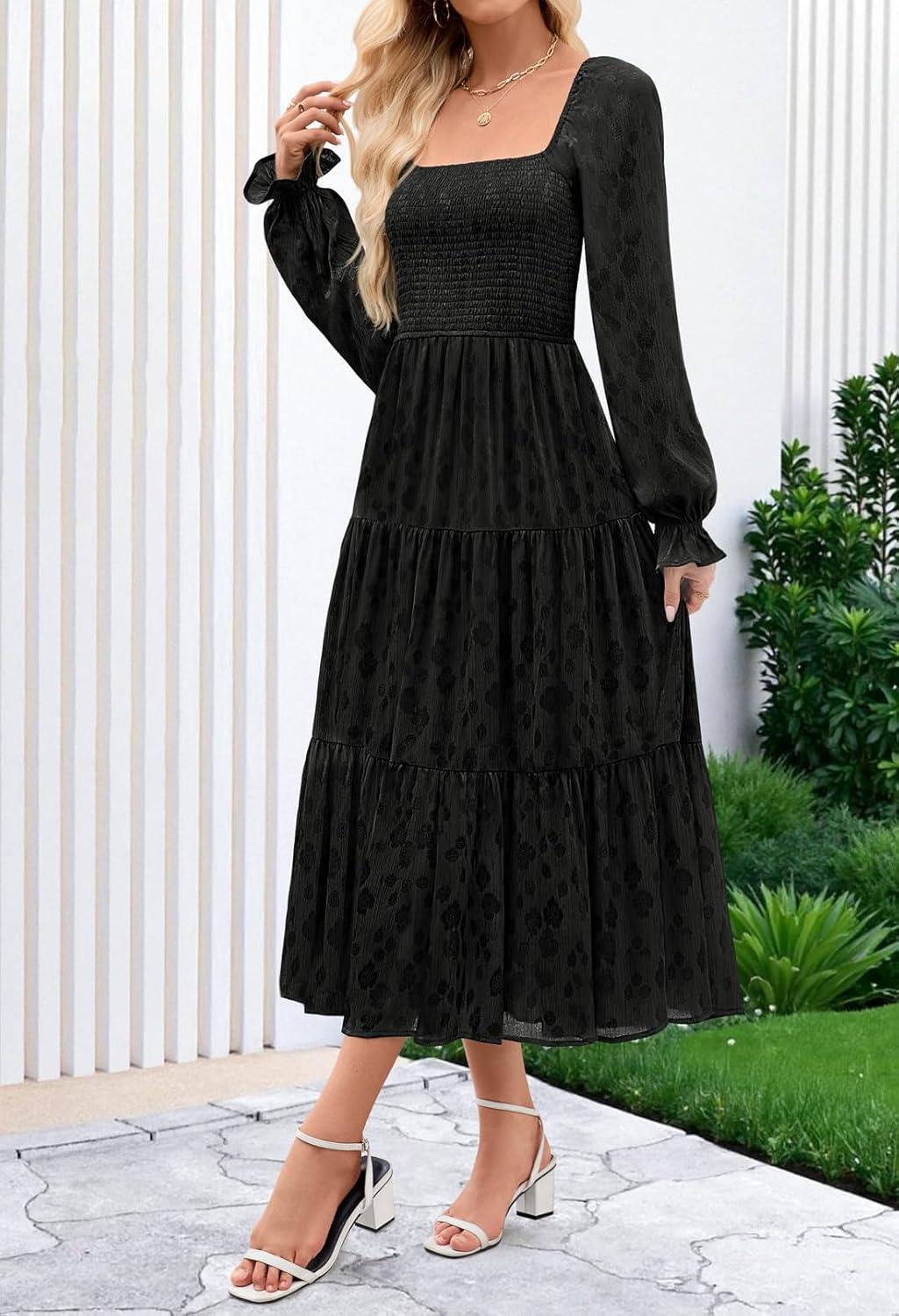 imageMEROKEETY Womens Fall Long Sleeve Floral Midi Dress Smocked Ruffle Tiered Square Neck Wedding Guest Dresses PocketsBlack