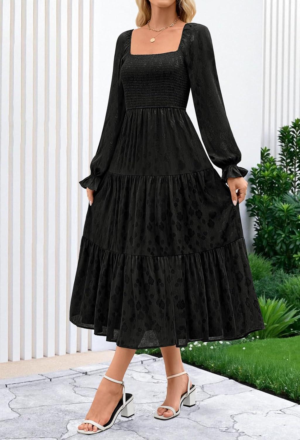 imageMEROKEETY Womens Fall Long Sleeve Floral Midi Dress Smocked Ruffle Tiered Square Neck Wedding Guest Dresses PocketsBlack