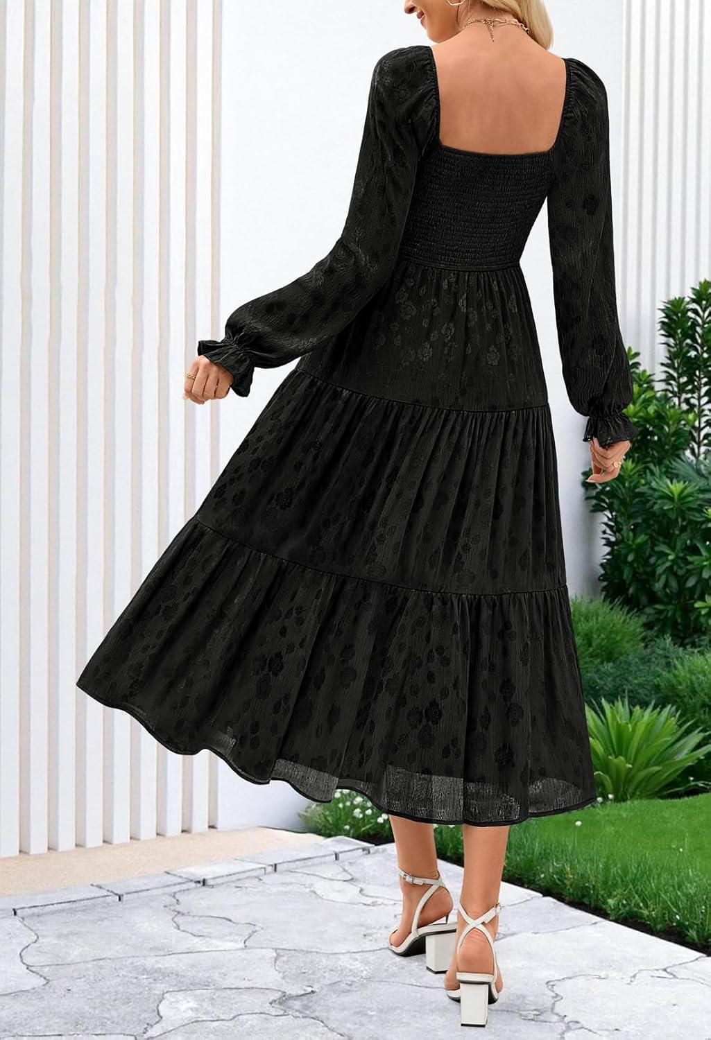 imageMEROKEETY Womens Fall Long Sleeve Floral Midi Dress Smocked Ruffle Tiered Square Neck Wedding Guest Dresses PocketsBlack