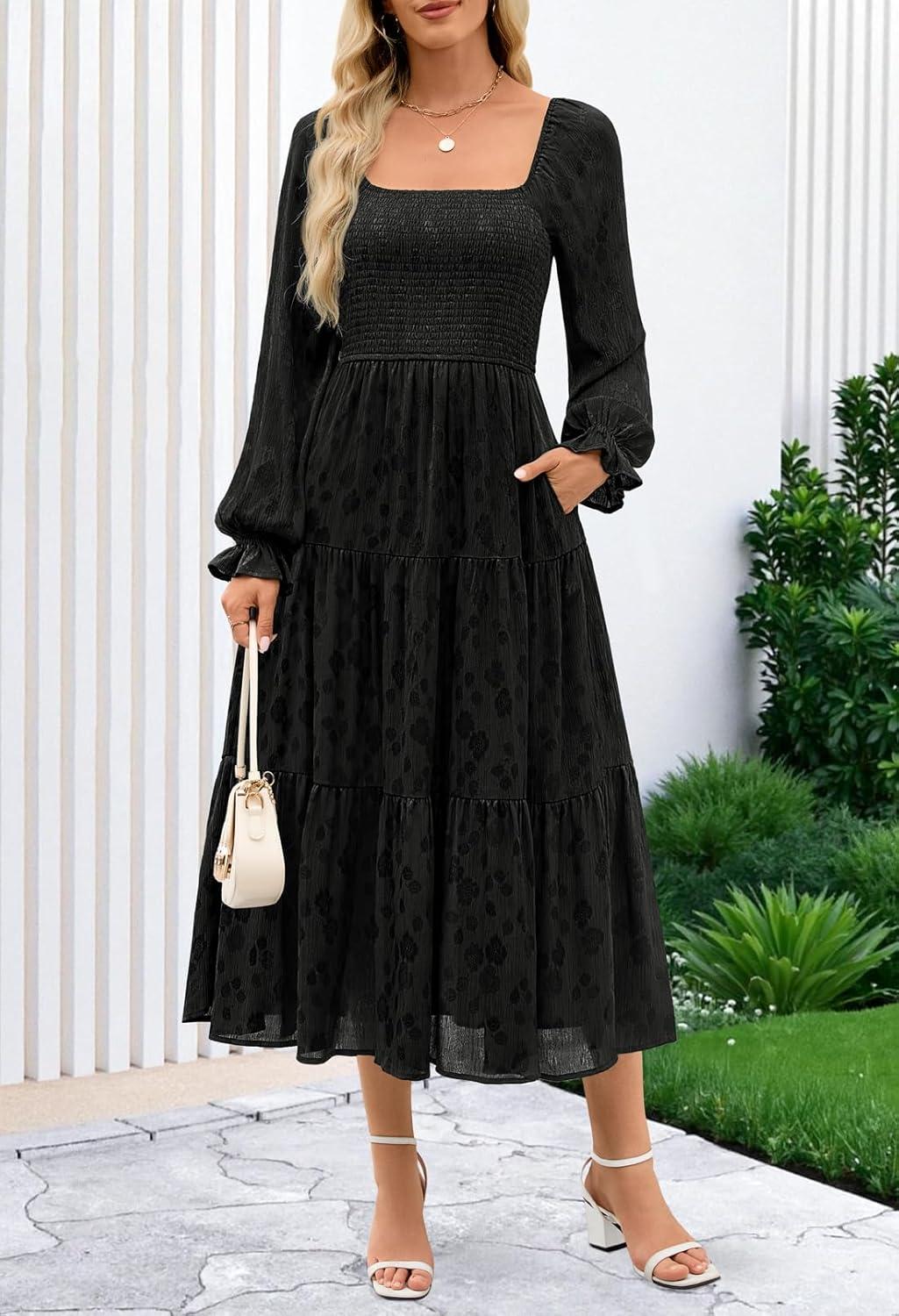 imageMEROKEETY Womens Fall Long Sleeve Floral Midi Dress Smocked Ruffle Tiered Square Neck Wedding Guest Dresses PocketsBlack
