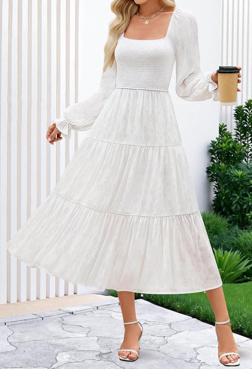 imageMEROKEETY Womens Fall Long Sleeve Floral Midi Dress Smocked Ruffle Tiered Square Neck Wedding Guest Dresses PocketsWhite
