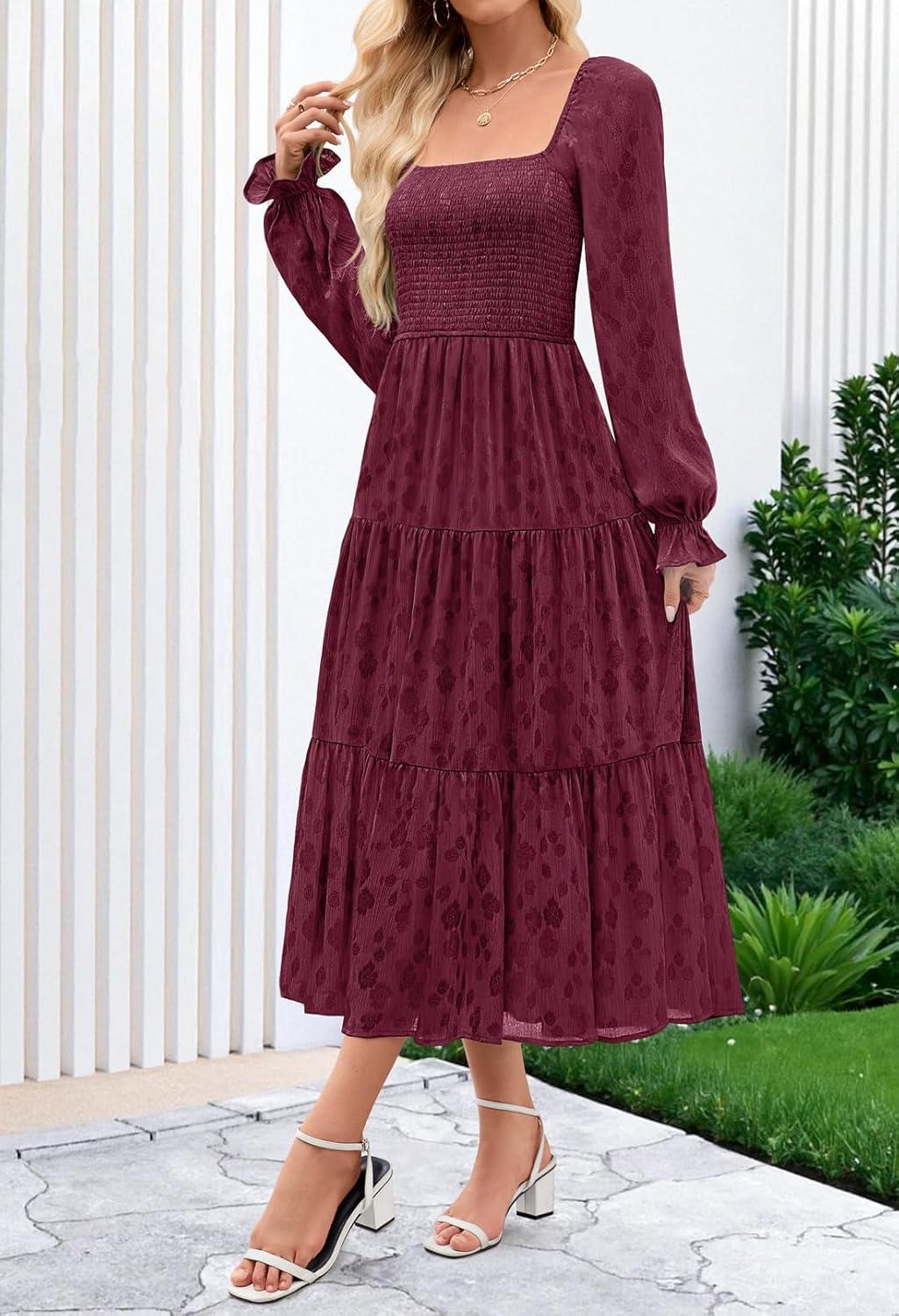 imageMEROKEETY Womens Fall Long Sleeve Floral Midi Dress Smocked Ruffle Tiered Square Neck Wedding Guest Dresses PocketsWine