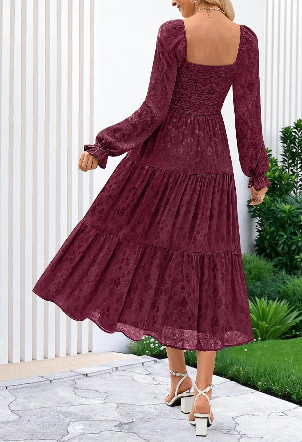 imageMEROKEETY Womens Fall Long Sleeve Floral Midi Dress Smocked Ruffle Tiered Square Neck Wedding Guest Dresses PocketsWine