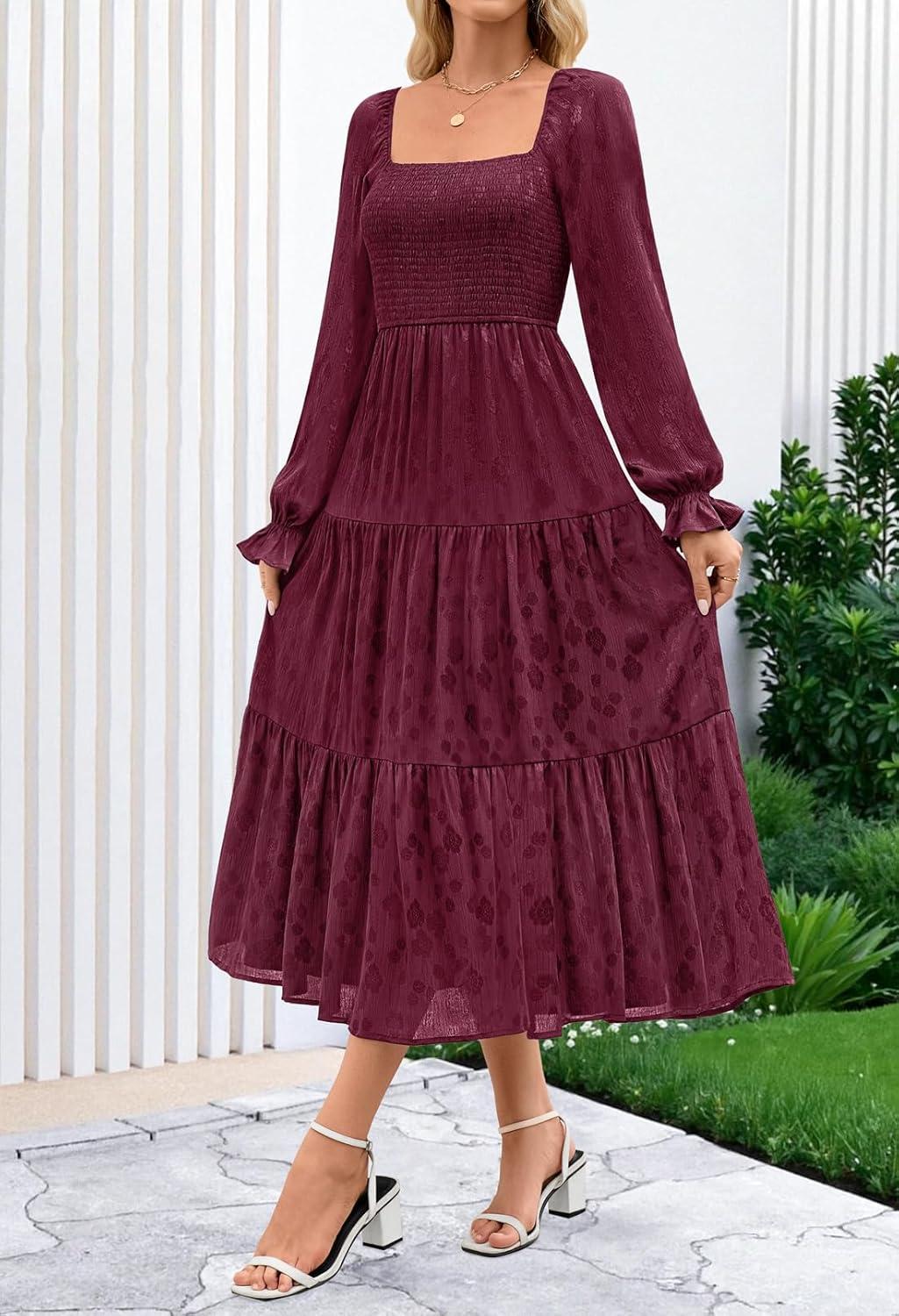 imageMEROKEETY Womens Fall Long Sleeve Floral Midi Dress Smocked Ruffle Tiered Square Neck Wedding Guest Dresses PocketsWine