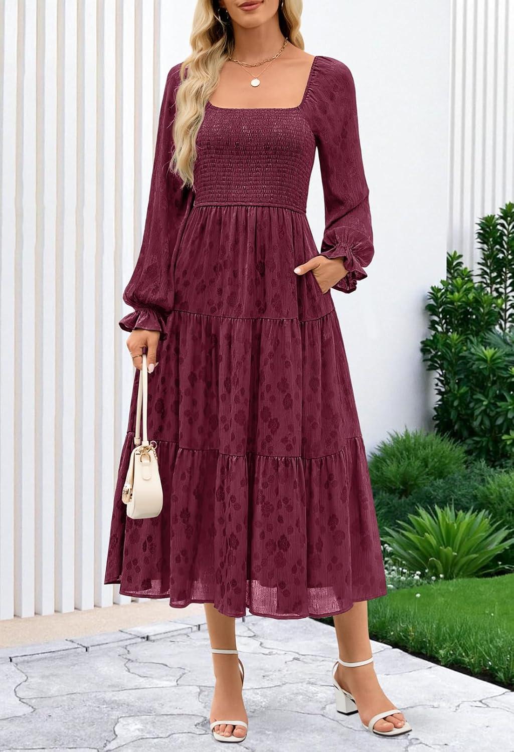 imageMEROKEETY Womens Fall Long Sleeve Floral Midi Dress Smocked Ruffle Tiered Square Neck Wedding Guest Dresses PocketsWine