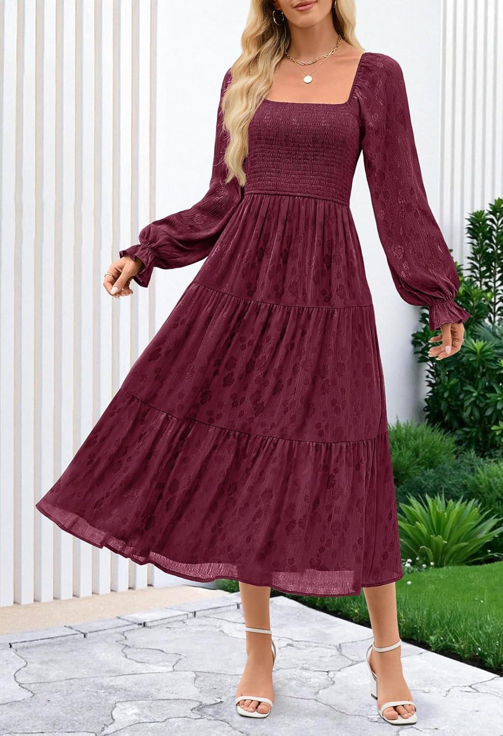 imageMEROKEETY Womens Fall Long Sleeve Floral Midi Dress Smocked Ruffle Tiered Square Neck Wedding Guest Dresses PocketsWine