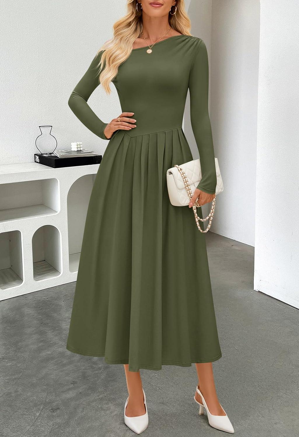imageMEROKEETY Womens Fall Long Sleeve Wedding Guest Dresses 2025 One Shoulder Elegant Formal Pleated Midi Maxi DressArmy Green