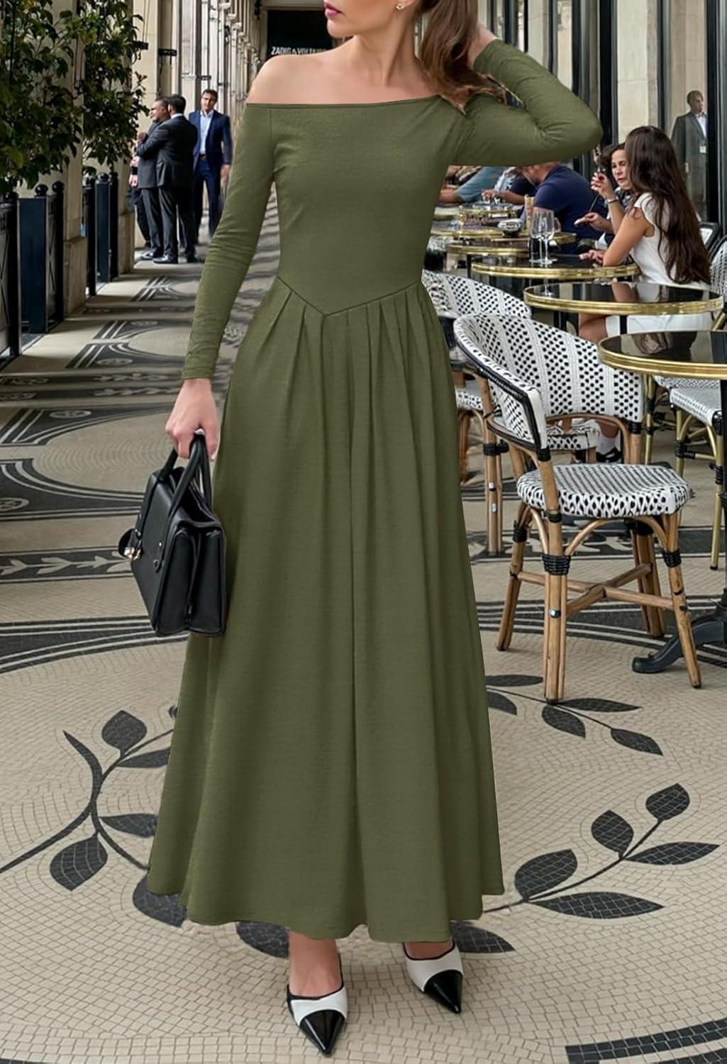 imageMEROKEETY Womens Fall Long Sleeve Wedding Guest Dresses 2025 One Shoulder Elegant Formal Pleated Midi Maxi DressArmy Green