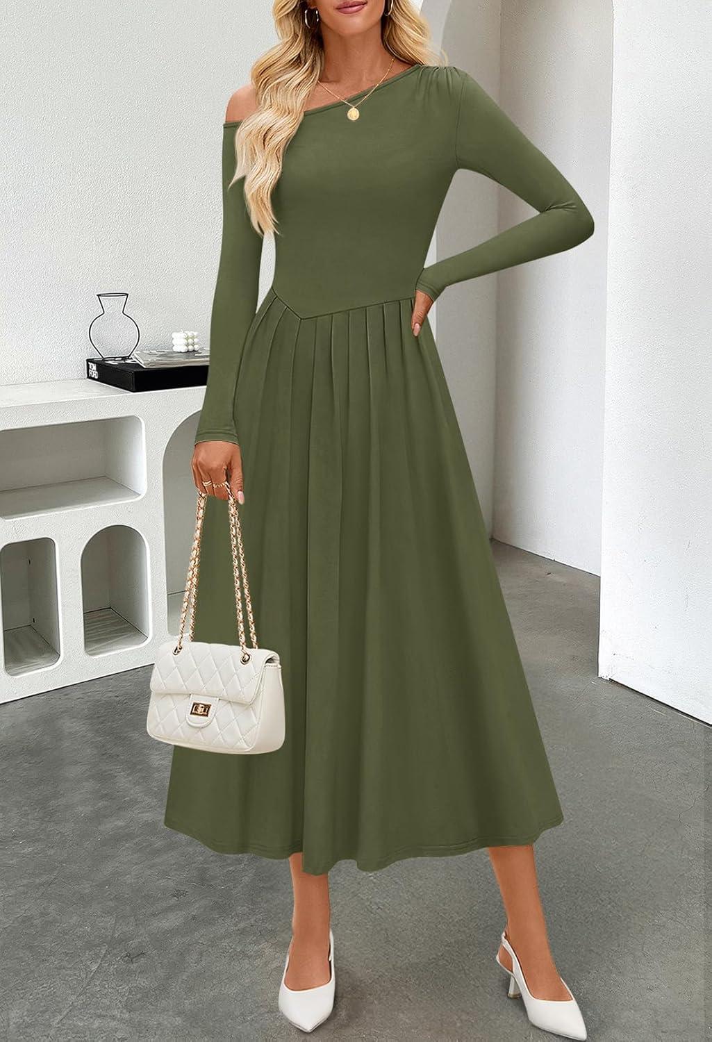 imageMEROKEETY Womens Fall Long Sleeve Wedding Guest Dresses 2025 One Shoulder Elegant Formal Pleated Midi Maxi DressArmy Green