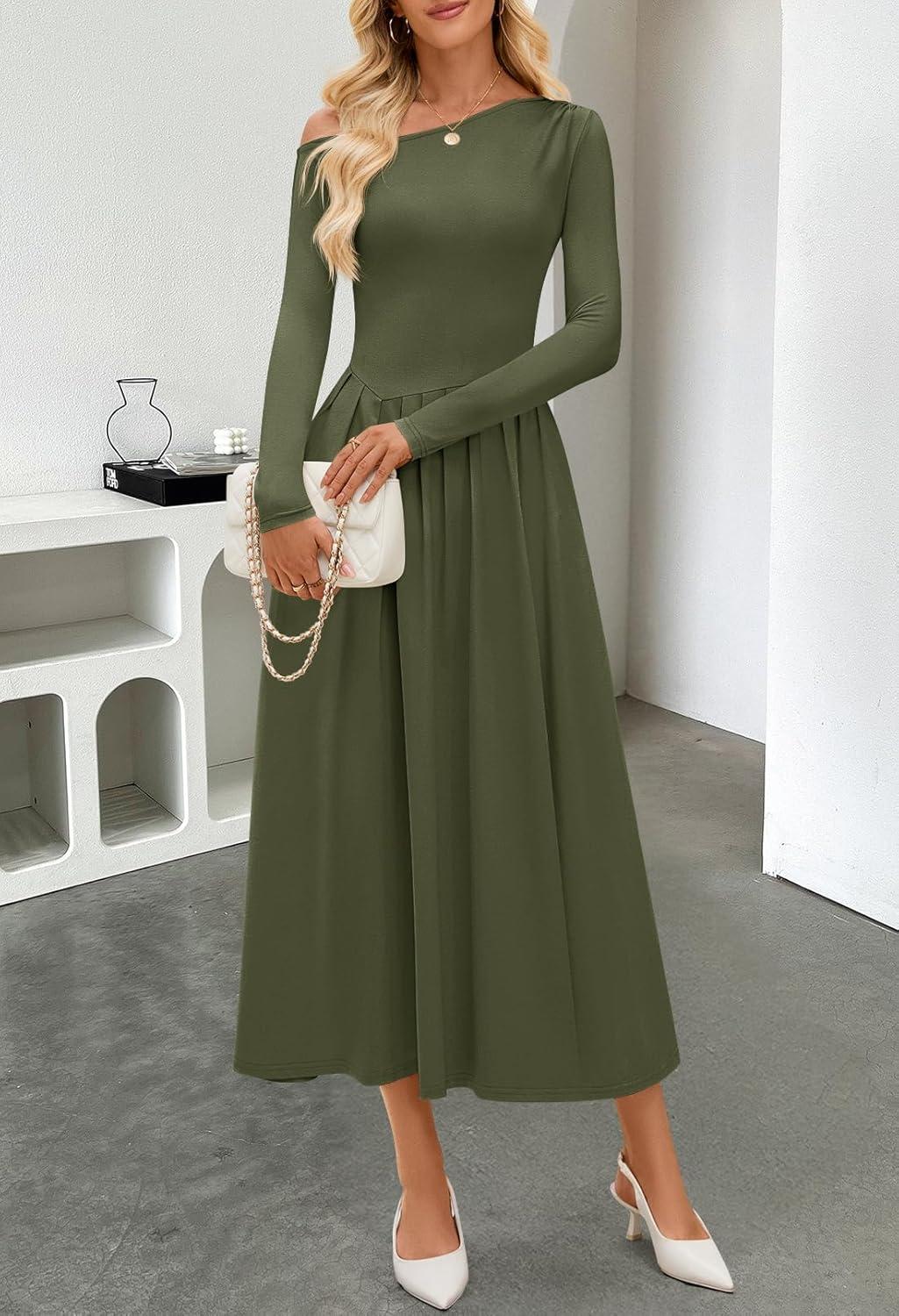 imageMEROKEETY Womens Fall Long Sleeve Wedding Guest Dresses 2025 One Shoulder Elegant Formal Pleated Midi Maxi DressArmy Green