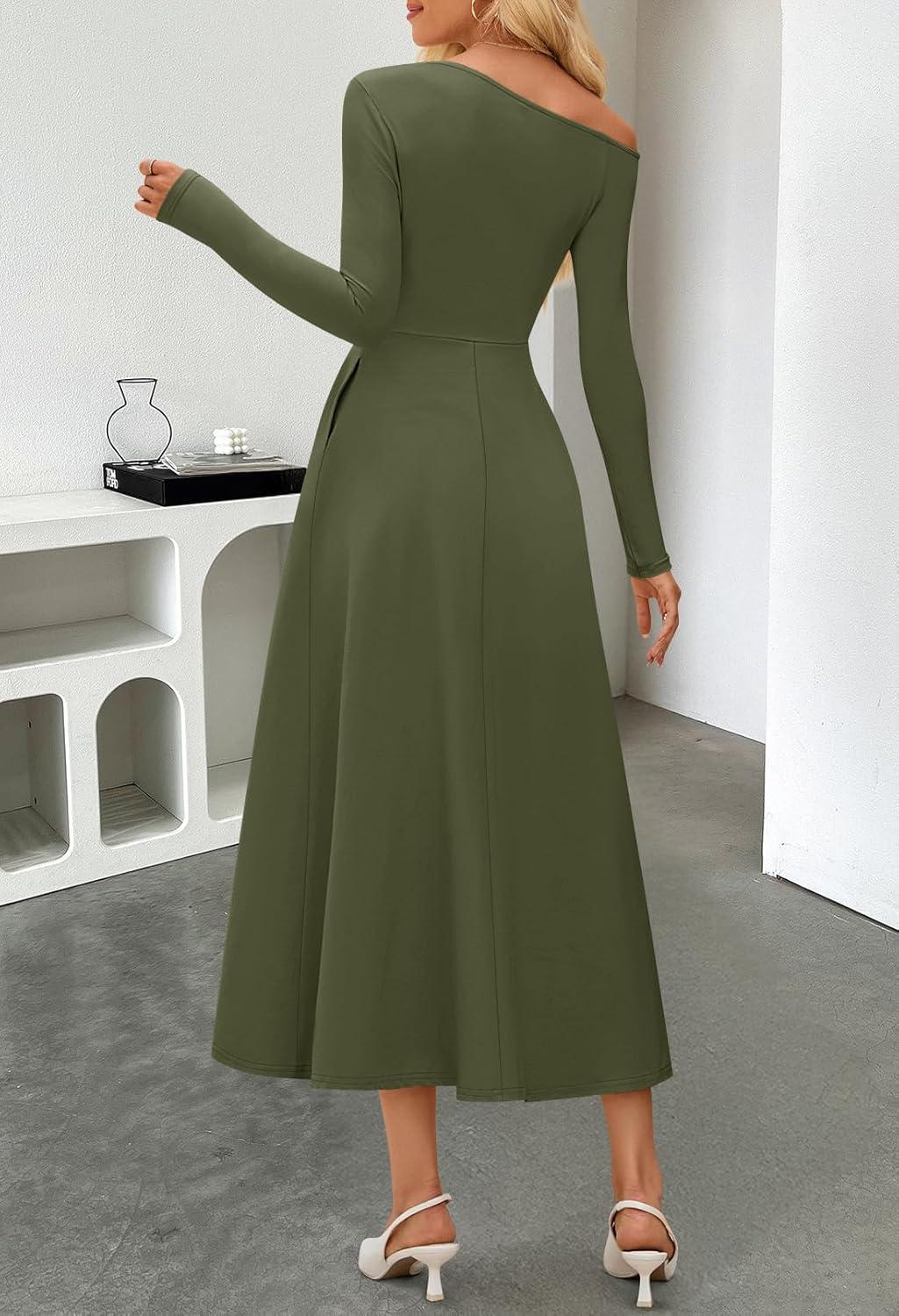 imageMEROKEETY Womens Fall Long Sleeve Wedding Guest Dresses 2025 One Shoulder Elegant Formal Pleated Midi Maxi DressArmy Green