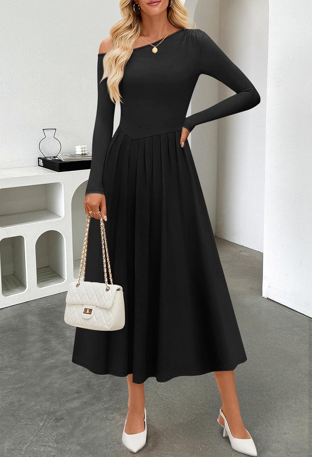 imageMEROKEETY Womens Fall Long Sleeve Wedding Guest Dresses 2025 One Shoulder Elegant Formal Pleated Midi Maxi DressBlack