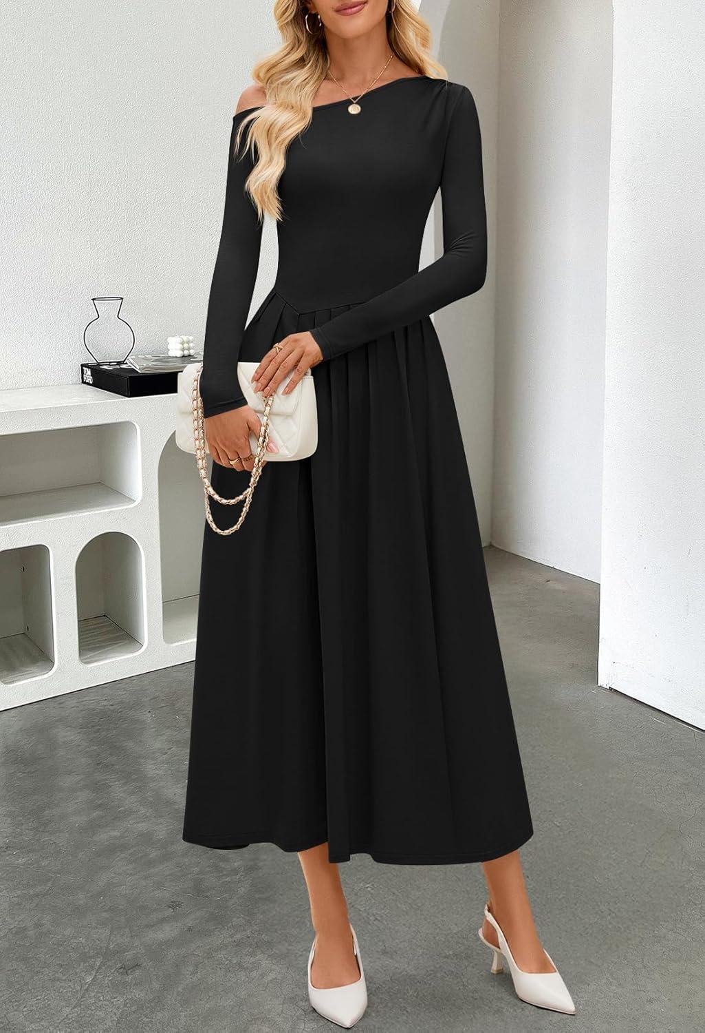 imageMEROKEETY Womens Fall Long Sleeve Wedding Guest Dresses 2025 One Shoulder Elegant Formal Pleated Midi Maxi DressBlack