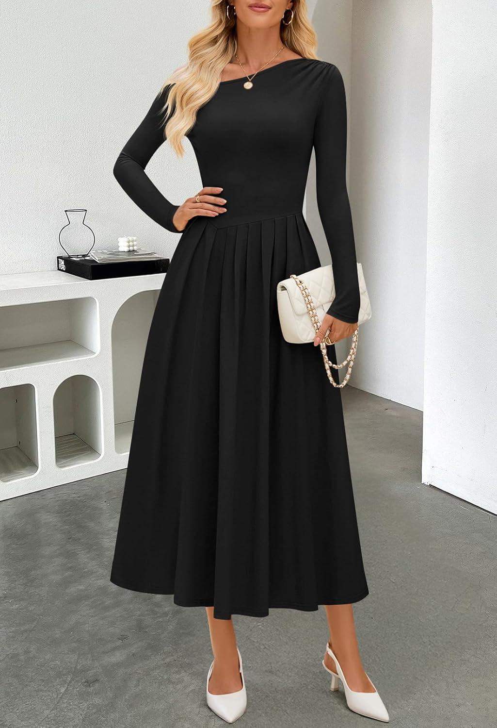 imageMEROKEETY Womens Fall Long Sleeve Wedding Guest Dresses 2025 One Shoulder Elegant Formal Pleated Midi Maxi DressBlack